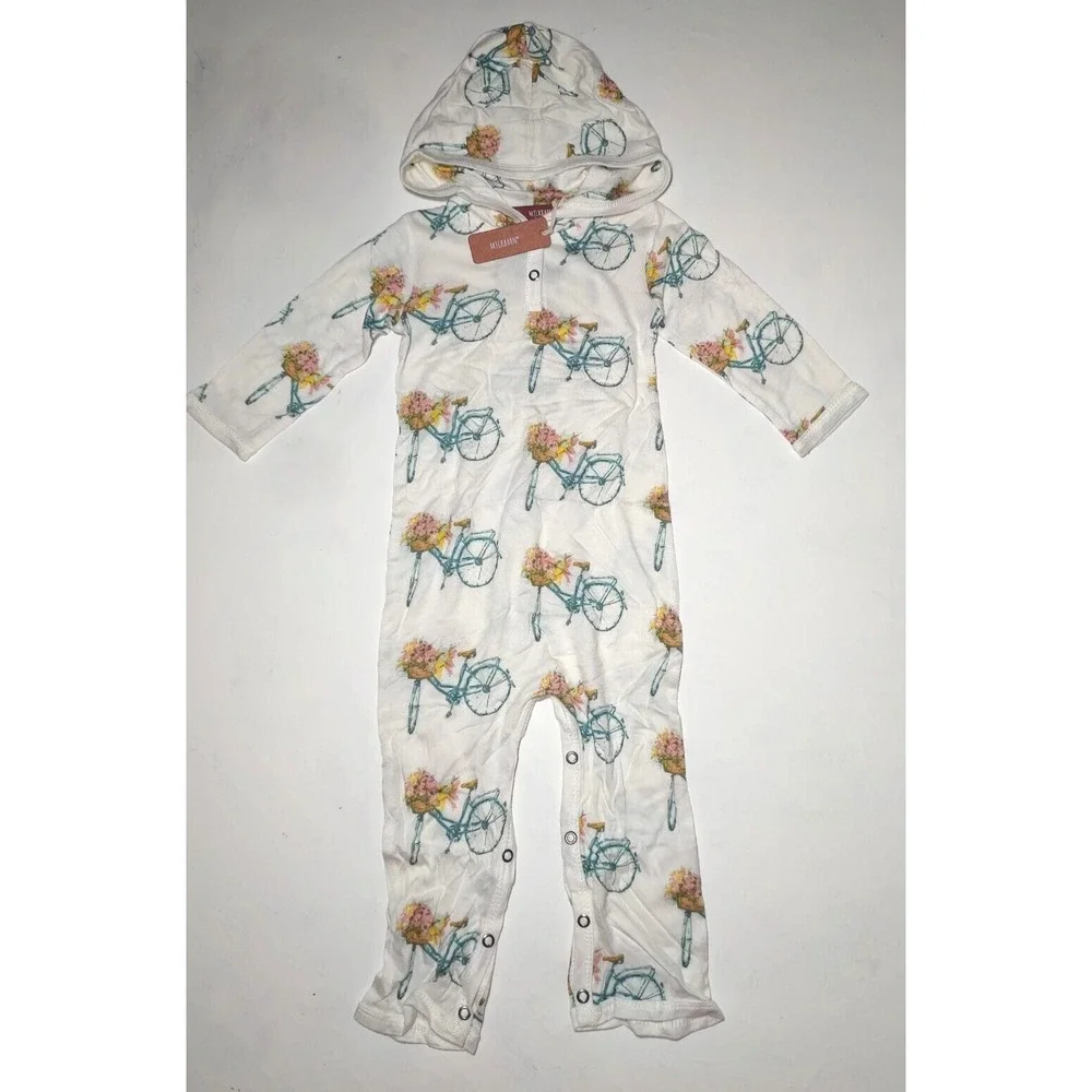 MilkBarn Hooded Romper‎ 3 6 Mos Rayon Bamboo Bicycle Bike Outfit Girl Flowers